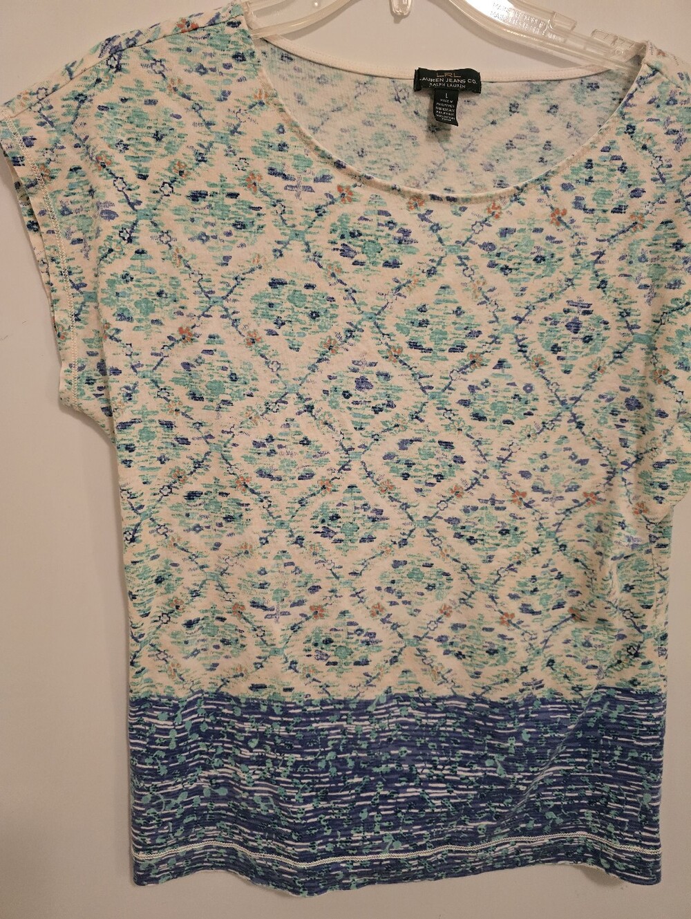 Lauren Ralph Lauren Blue & Cream Patterned Short Sleeve Top
